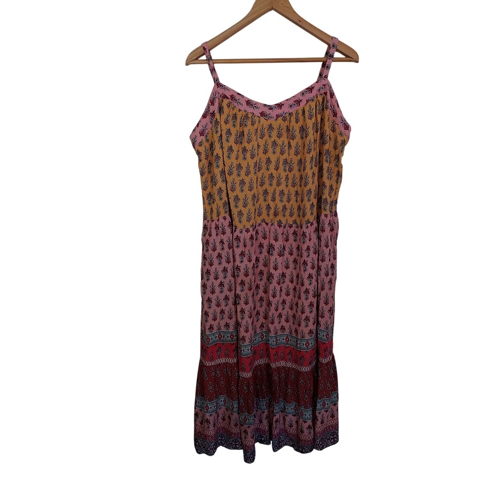 Knox Rose XXL Boho Floral Paisley Tiered Maxi Dress Pink Yellow Cottage Pockets